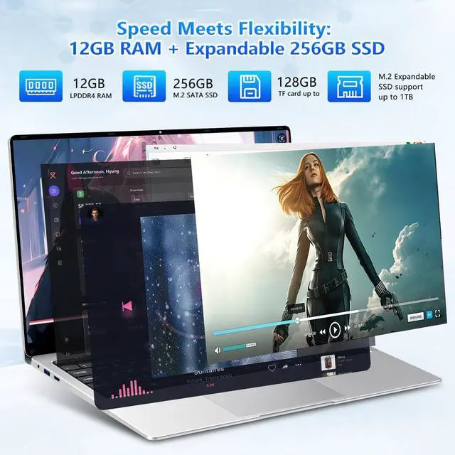 Alt view image 3 of 5 - 15.6 inch Laptop, Laptop Computer N4000 Processor, Laptops with 12GB LPDDR4 256GB SSD, Silver Traditional Laptop Computers for Work & Study, 180° Angle Open, Dual-Band WiFi, BT 4.2, Long Battery Life