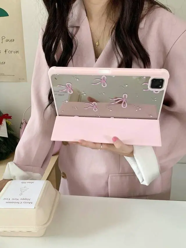 Alt view image 4 of 5 - Adjustable Kickstand Mirror Leather Hard Folio Case for Apple Cream White Color Pink Bow Ribbon Beautiful Floral Cute Chic Adorable Lovely Girls Kids (for iPad Pro 11-inch 2nd Generation 2020)
