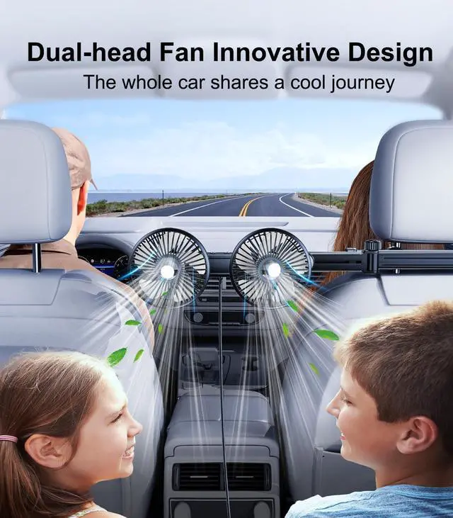 Alt view image 2 of 5 - DICMKY Dual Head Car Cooling Fan for Back Seat with Extension Long Arm, Usb Powered Car Seat Headrest Fan for Baby/Dog Rear Facing 360°Rotatable, 12V Summer Accessories Cooler for Sedan Suv Rv Truck