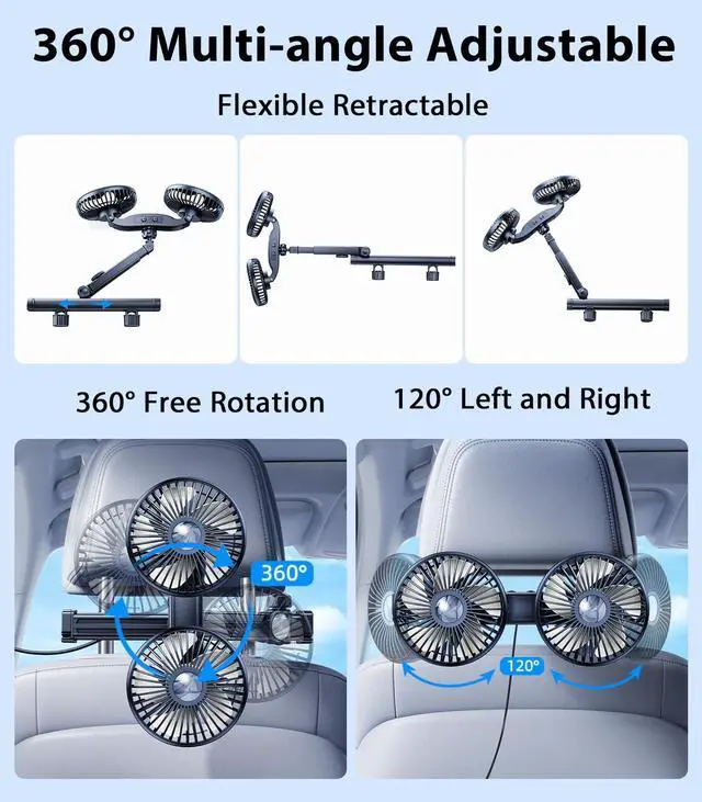 Alt view image 3 of 5 - DICMKY Dual Head Car Cooling Fan for Back Seat with Extension Long Arm, Usb Powered Car Seat Headrest Fan for Baby/Dog Rear Facing 360°Rotatable, 12V Summer Accessories Cooler for Sedan Suv Rv Truck