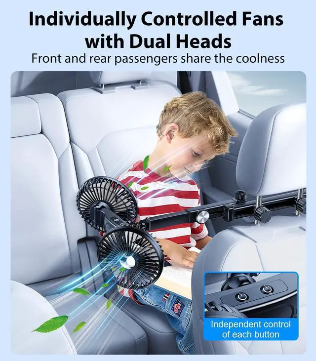 Alt view image 4 of 5 - DICMKY Dual Head Car Cooling Fan for Back Seat with Extension Long Arm, Usb Powered Car Seat Headrest Fan for Baby/Dog Rear Facing 360°Rotatable, 12V Summer Accessories Cooler for Sedan Suv Rv Truck
