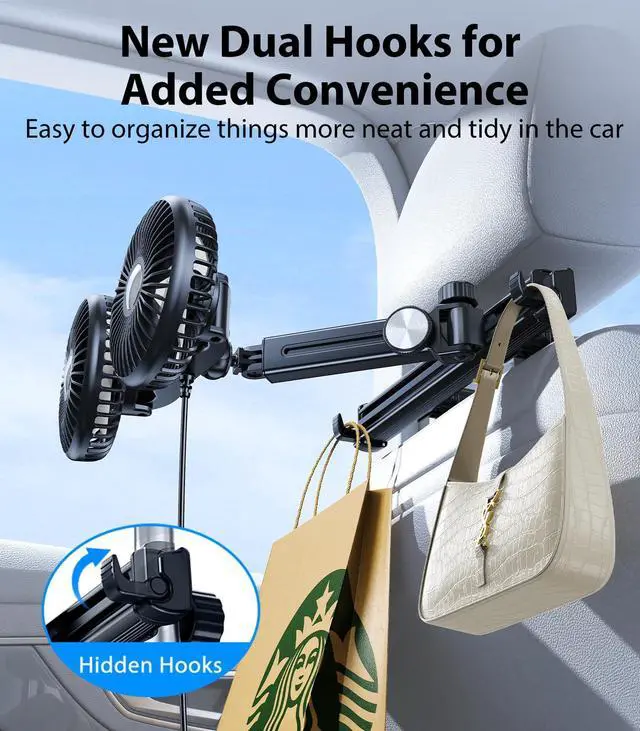 Alt view image 5 of 5 - DICMKY Dual Head Car Cooling Fan for Back Seat with Extension Long Arm, Usb Powered Car Seat Headrest Fan for Baby/Dog Rear Facing 360°Rotatable, 12V Summer Accessories Cooler for Sedan Suv Rv Truck