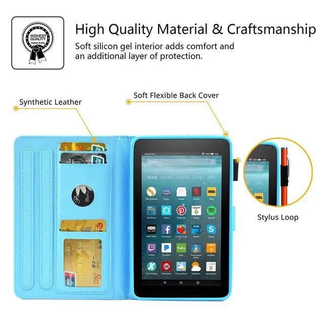 Alt view image 2 of 5 - UUcovers for Amazon Kindle Fire 7 Case 9th/7th/5th Generation (2019/2017/2015) 7 with Stand/Pencil Holder/Card Pockets [Auto Wake/Sleep] PU Leather Folio Smart Magnetic Cover, Blue Gold Butterfly