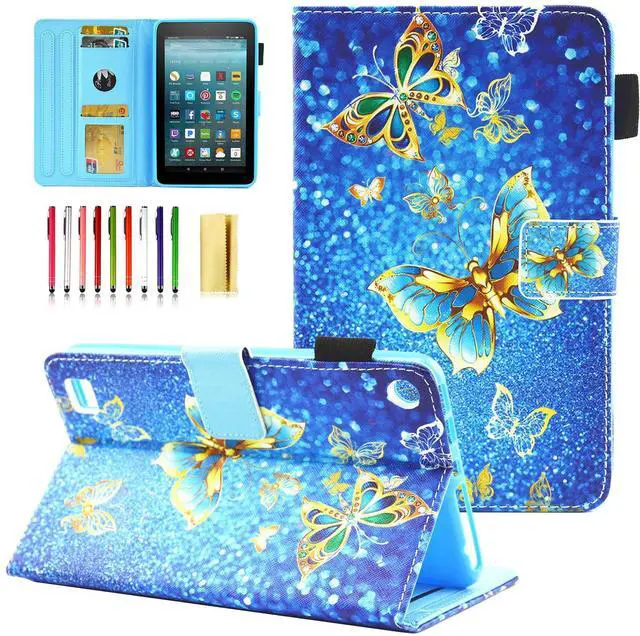 Main image of UUcovers for Amazon Kindle Fire 7 Case 9th/7th/5th Generation (2019/2017/2015) 7 with Stand/Pencil Holder/Card Pockets [Auto Wake/Sleep] PU Leather Folio Smart Magnetic Cover, Blue Gold Butterfly