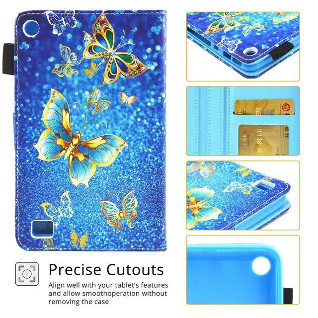 Alt view image 5 of 5 - UUcovers for Amazon Kindle Fire 7 Case 9th/7th/5th Generation (2019/2017/2015) 7 with Stand/Pencil Holder/Card Pockets [Auto Wake/Sleep] PU Leather Folio Smart Magnetic Cover, Blue Gold Butterfly