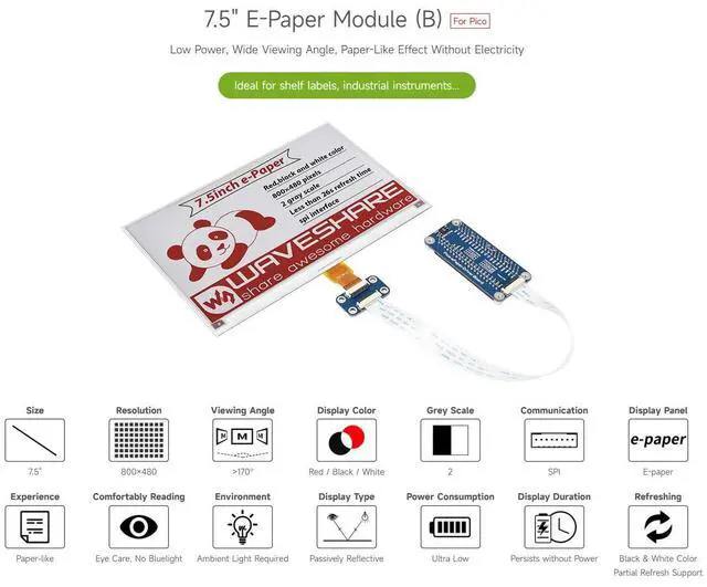 Alt view image 3 of 5 - Waveshare 7.5inch E-Paper E-Ink Display Module (B) for Raspberry Pi Pico 800×480 Pixels Red/Black/White SPI Interface