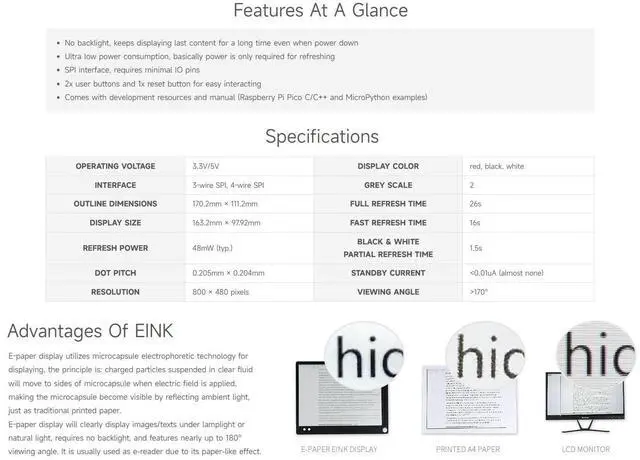 Alt view image 4 of 5 - Waveshare 7.5inch E-Paper E-Ink Display Module (B) for Raspberry Pi Pico 800×480 Pixels Red/Black/White SPI Interface