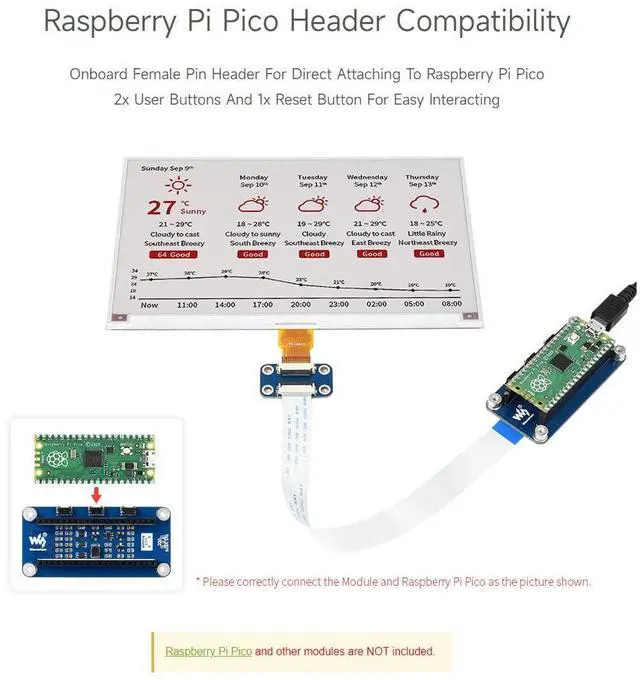 Alt view image 5 of 5 - Waveshare 7.5inch E-Paper E-Ink Display Module (B) for Raspberry Pi Pico 800×480 Pixels Red/Black/White SPI Interface