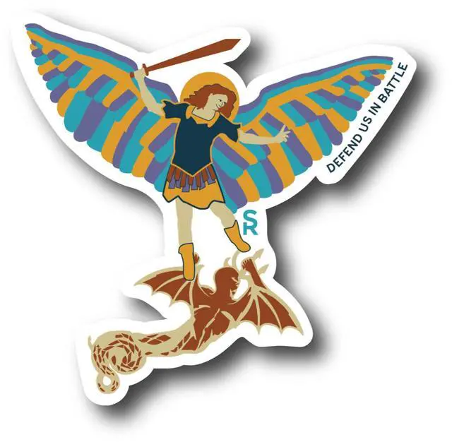 Alt view image 3 of 3 - Catholic Concepts | Patron Saint 4 x 2.25 Vinyl Sticker Label Decal Waterproof Cool Accessory for Laptop, Hard Hats, Water Bottles, Scrapbooks, Folders, Cell Phone | 10-Pack