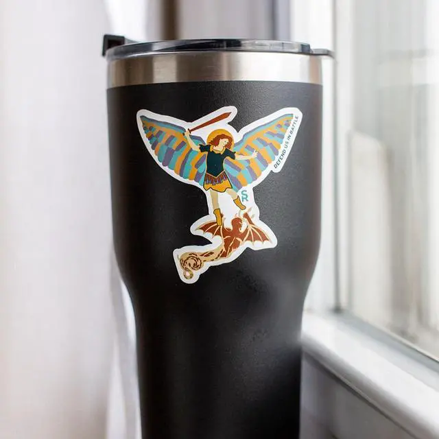 Alt view image 2 of 3 - Catholic Concepts | Patron Saint 4 x 2.25 Vinyl Sticker Label Decal Waterproof Cool Accessory for Laptop, Hard Hats, Water Bottles, Scrapbooks, Folders, Cell Phone | 10-Pack