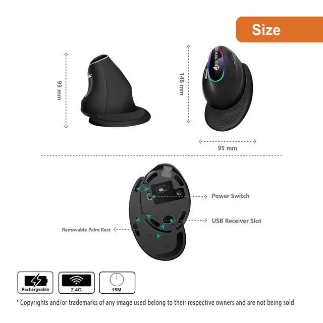 Alt view image 3 of 5 - J-Tech Digital Ergonomic Mouse with Wireless Connection, Removable Palm Rest, Thumb Buttons, Rechargeable Battery, 800 DPI, Compatible with Windows and MAC OS