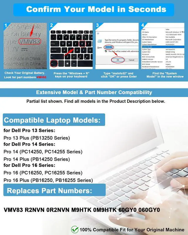 Alt view image 3 of 5 - UGXKNAE 55Wh VMV83 Laptop Battery Replacement for Dell Pro 13 Plus PB13250 / Pro 14 PC14250 PC14255 / 14 Plus PB14250 /Pro 16 Plus PB16250 PB16255 Series Notebook R2NVN M9HTK 11.7 V