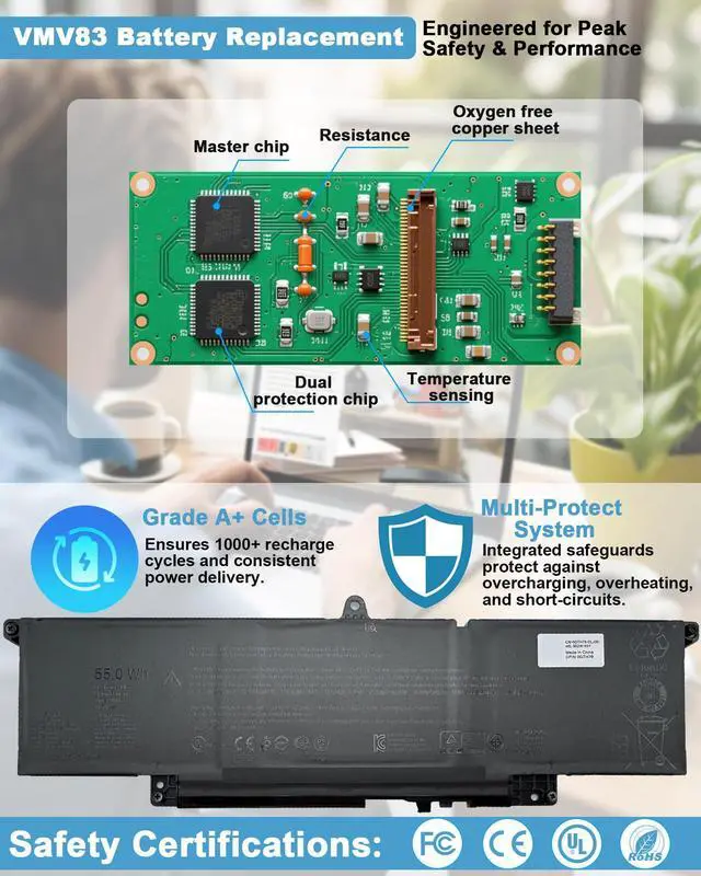 Alt view image 2 of 5 - UGXKNAE 55Wh VMV83 Laptop Battery Replacement for Dell Pro 13 Plus PB13250 / Pro 14 PC14250 PC14255 / 14 Plus PB14250 /Pro 16 Plus PB16250 PB16255 Series Notebook R2NVN M9HTK 11.7 V