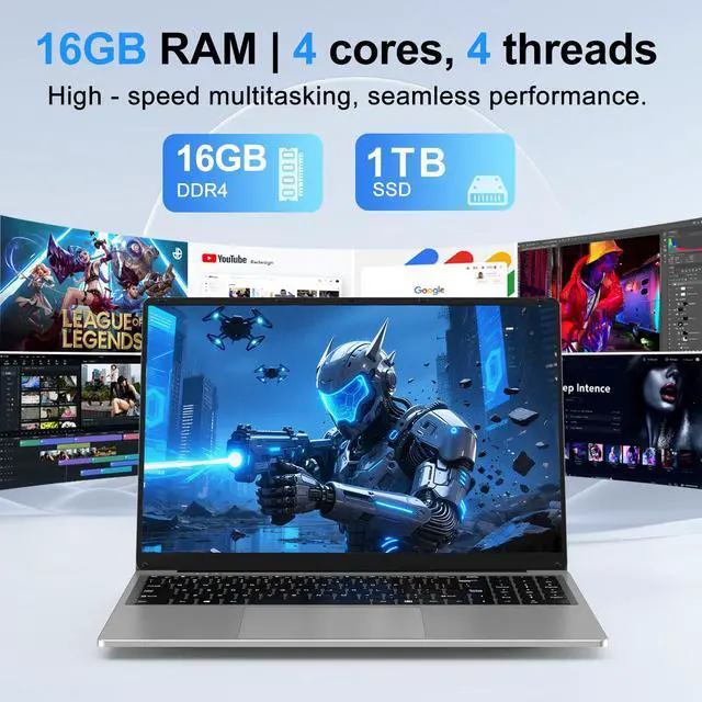 Alt view image 4 of 5 - CHIFUYOU Gaming Laptop, 2025 16 Inch Office 365 Laptop Computer, N150 Processor (4C/4T, Up to 3.6GHz),16GB RAM 512GB SSD, WiFi 5,BT4.2,16" FHD 1920x1200(16:10), Backlit Keyboard, Gray