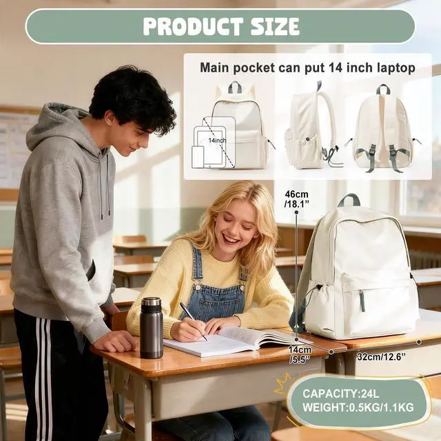 Alt view image 2 of 5 - VECAVE School Backpack for Women Men, Lightweight Travel Casual Daypack Laptop Rucksack, Waterproof College High Secondary School Bags Bookbag for Boys Girls Teens BeigeGreen