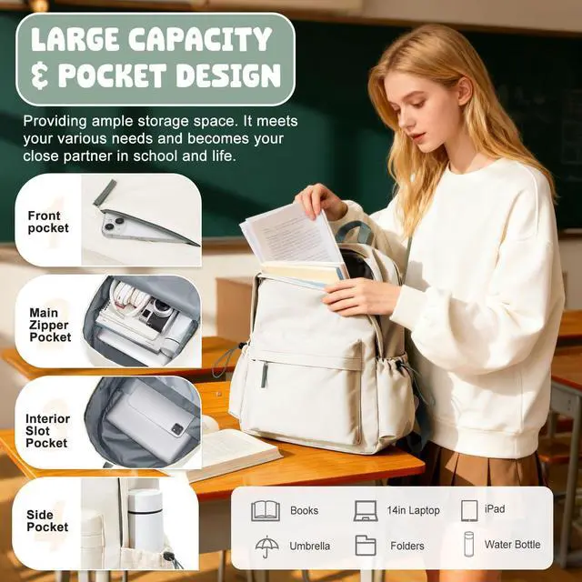 Alt view image 3 of 5 - VECAVE School Backpack for Women Men, Lightweight Travel Casual Daypack Laptop Rucksack, Waterproof College High Secondary School Bags Bookbag for Boys Girls Teens BeigeGreen