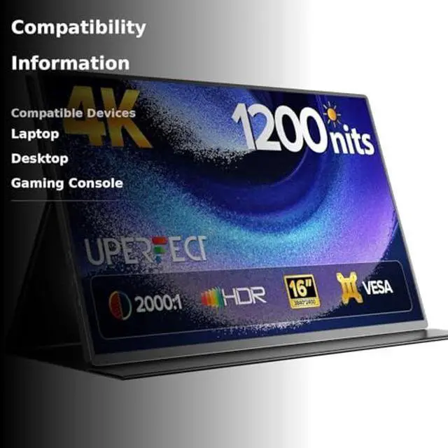 Alt view image 3 of 5 - UPERFECT Portable Monitor 4K 16" | 1200 Nits Laptop Monitor | 3840 * 2400 UHD | 1MS FreeSync 2000:1 Contrast | USB-C & HDMI | VESA & Smart Case | Travel Screen for Computer, Mini PC, Game Consoles