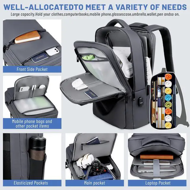 Alt view image 4 of 5 - JOLLiWAVE Waterproof Laptop Backpack for Men & Women, Flight Approved Anti-Theft Daypack with 16-inch Laptop Sleeve (Grey)