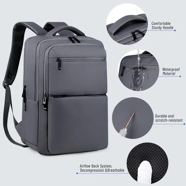 Alt view image 5 of 5 - JOLLiWAVE Waterproof Laptop Backpack for Men & Women, Flight Approved Anti-Theft Daypack with 16-inch Laptop Sleeve (Grey)