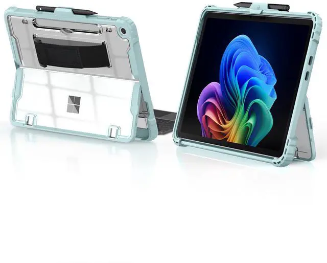 Main image of TiMOVO Case for Microsoft Surface Pro 12 Inch 2025 with Pen Holder, Rugged Clear Back Protective Cover with Removable Hand Strap, Compatible with Type Cover Keyboard, Soft Cyan