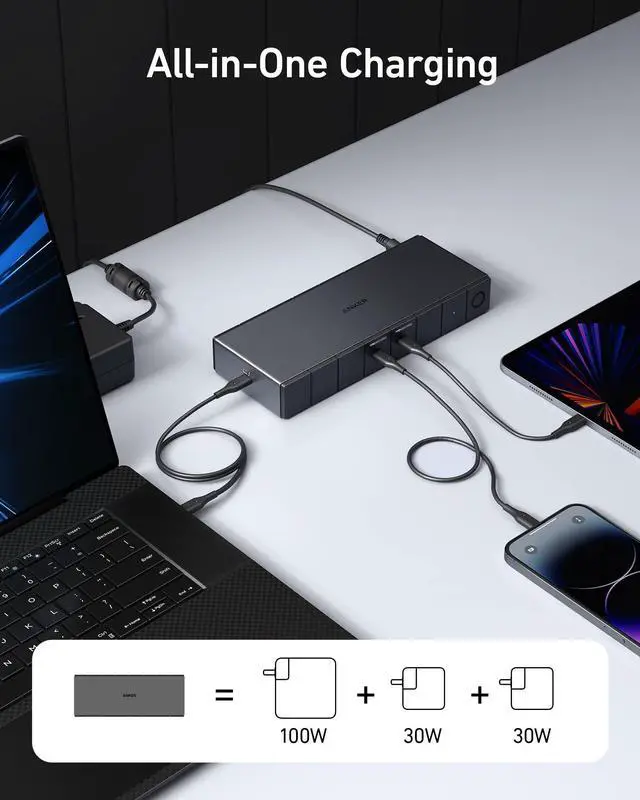 Alt view image 4 of 5 - Anker 778 Thunderbolt Docking Station (12-in-1, Thunderbolt 4), 40 Gbps with Max 100W Charging for Laptop, Single 8K, Quad 4K Display, 6 USB Ports & Premium Nylon USB A to USB C Cable(2-Pack, 6ft)