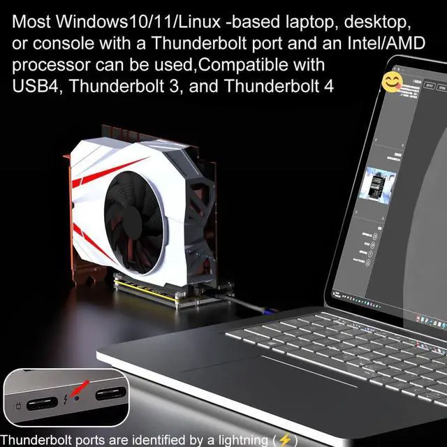 Alt view image 3 of 5 - PCIE 3.0 x16 22Gbps eGPU DOCK, Thunderbolt 4 cable, compatible with external GPU NVIDIA AMD Graphics Card for Windows Laptop Console featuring Thunderbolt 3/4 USB 4, Powered by PD/8PinCPU/Molex/DC5521
