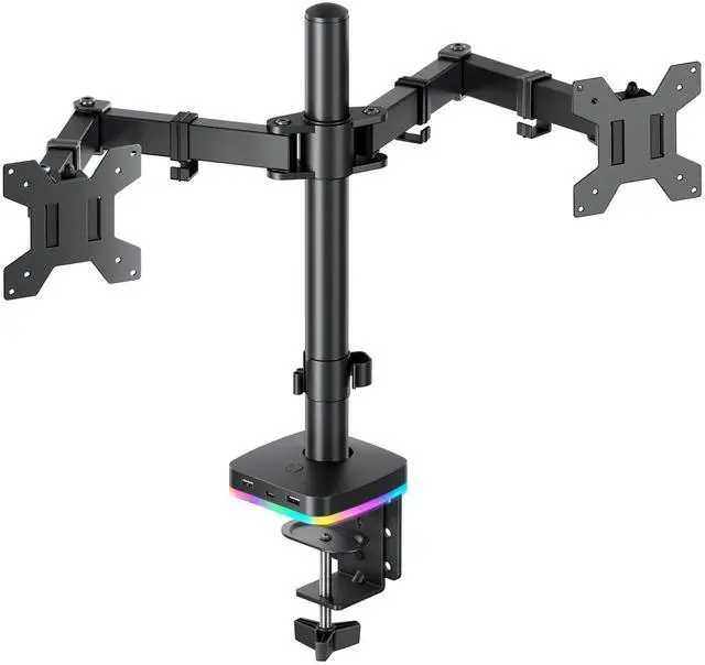 Main image of RGB Dual Monitor Stand for 2 Screens Fully Adjustable Monitor Desk Mount Sturdy Stepped Arm Design up to 17.6lbs Desk Mount with RGB USB & USB-C High Speed Data Transfer C-Clamp 75x75/100x100 VESA