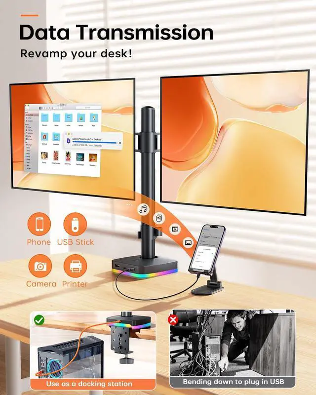 Alt view image 2 of 5 - RGB Dual Monitor Stand for 2 Screens Fully Adjustable Monitor Desk Mount Sturdy Stepped Arm Design up to 17.6lbs Desk Mount with RGB USB & USB-C High Speed Data Transfer C-Clamp 75x75/100x100 VESA