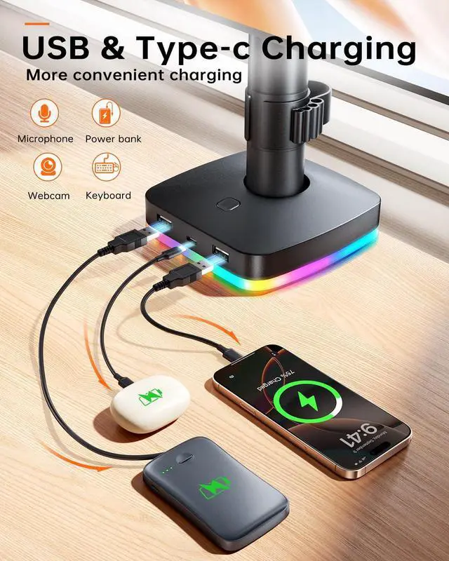 Alt view image 3 of 5 - RGB Dual Monitor Stand for 2 Screens Fully Adjustable Monitor Desk Mount Sturdy Stepped Arm Design up to 17.6lbs Desk Mount with RGB USB & USB-C High Speed Data Transfer C-Clamp 75x75/100x100 VESA