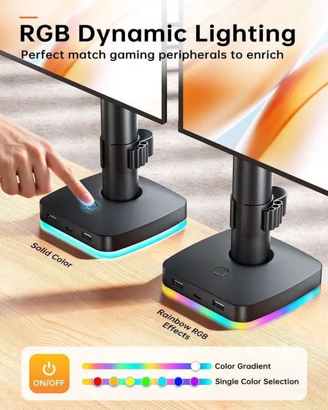 Alt view image 4 of 5 - RGB Dual Monitor Stand for 2 Screens Fully Adjustable Monitor Desk Mount Sturdy Stepped Arm Design up to 17.6lbs Desk Mount with RGB USB & USB-C High Speed Data Transfer C-Clamp 75x75/100x100 VESA