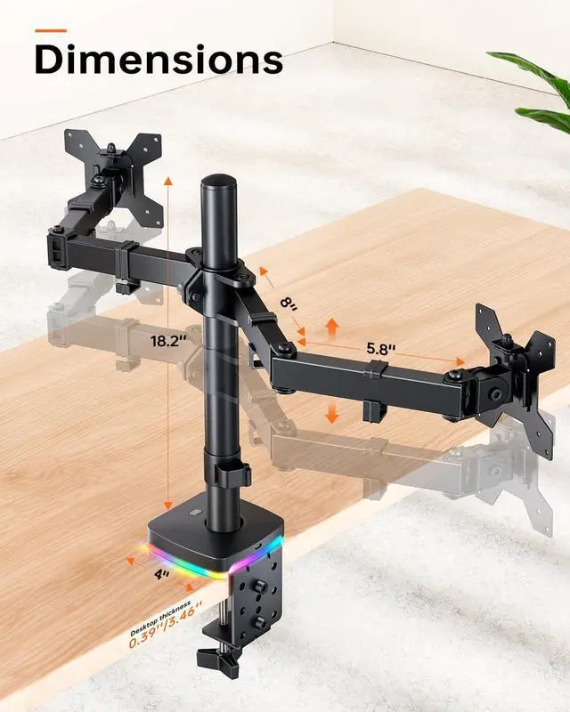 Alt view image 5 of 5 - RGB Dual Monitor Stand for 2 Screens Fully Adjustable Monitor Desk Mount Sturdy Stepped Arm Design up to 17.6lbs Desk Mount with RGB USB & USB-C High Speed Data Transfer C-Clamp 75x75/100x100 VESA