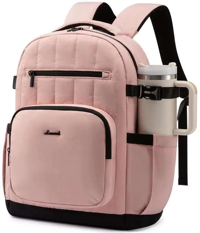 Main image of LOVEVOOK Laptop Backpack Women with Pouch Pocket for Large Capacity Cup,15.6 Inch Lightweight Puffer Computer Laptop Bag Quilted Travel Backpack Purse for Work College Teacher Personal Item,Pink-Black