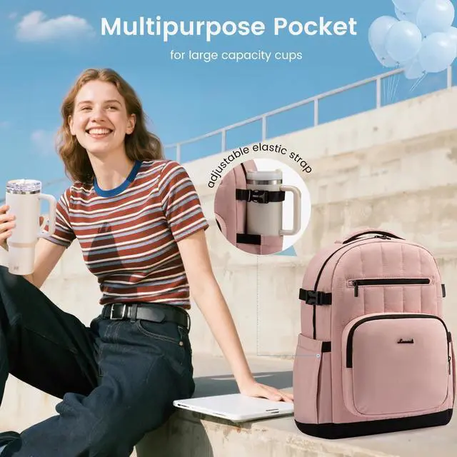 Alt view image 2 of 5 - LOVEVOOK Laptop Backpack Women with Pouch Pocket for Large Capacity Cup,15.6 Inch Lightweight Puffer Computer Laptop Bag Quilted Travel Backpack Purse for Work College Teacher Personal Item,Pink-Black