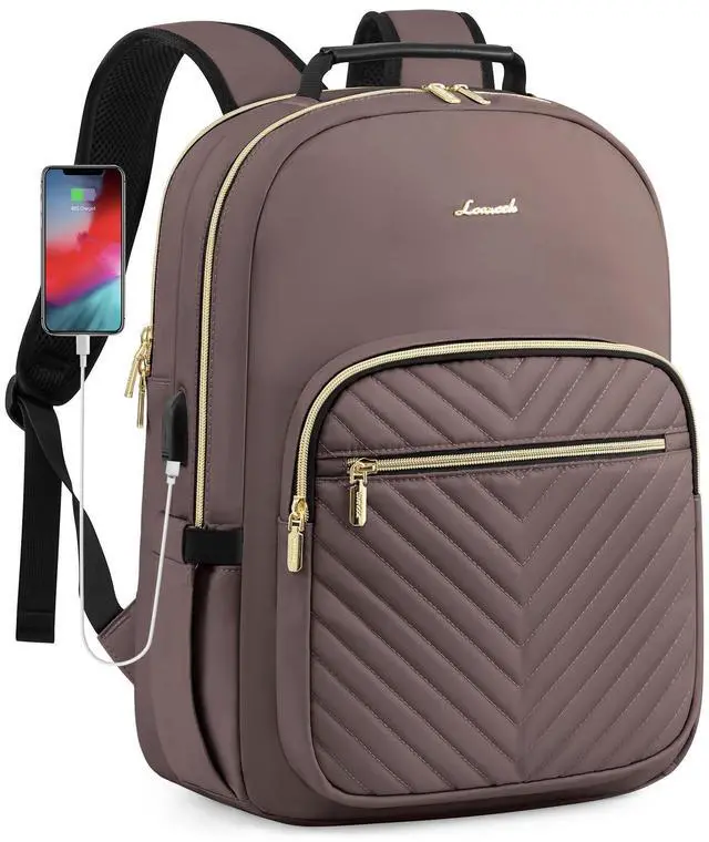 Main image of LOVEVOOK Laptop Backpack Purse for Women, Large Capacity Travel Business Computer Work Bag, Quilted Casual Nurse Backpack for Womens, Fit 15.6 Inch Laptop with USB Port, Brown