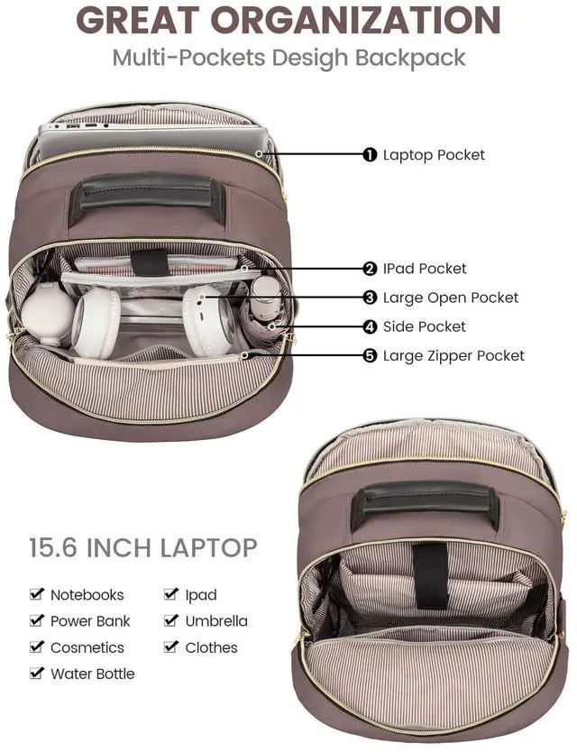 Alt view image 2 of 4 - LOVEVOOK Laptop Backpack Purse for Women, Large Capacity Travel Business Computer Work Bag, Quilted Casual Nurse Backpack for Womens, Fit 15.6 Inch Laptop with USB Port, Brown