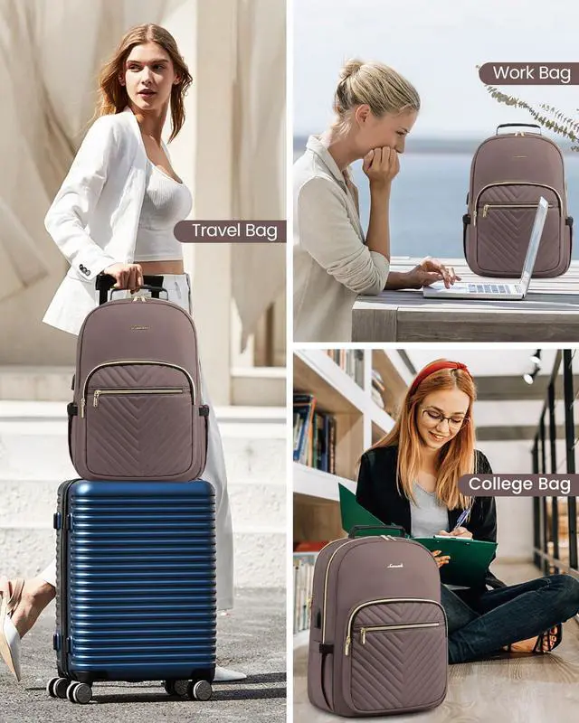 Alt view image 4 of 4 - LOVEVOOK Laptop Backpack Purse for Women, Large Capacity Travel Business Computer Work Bag, Quilted Casual Nurse Backpack for Womens, Fit 15.6 Inch Laptop with USB Port, Brown