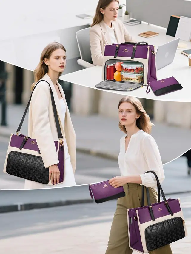 Alt view image 2 of 5 - MATEIN Lunch Tote Bag for Women, 15.6 Inch PU Leather Laptop Briefcase with Insulated Lunch Compartment, Large Capacity Professional Computer Work Handbag with Purse for Office Nurse Teacher, 2 Sets