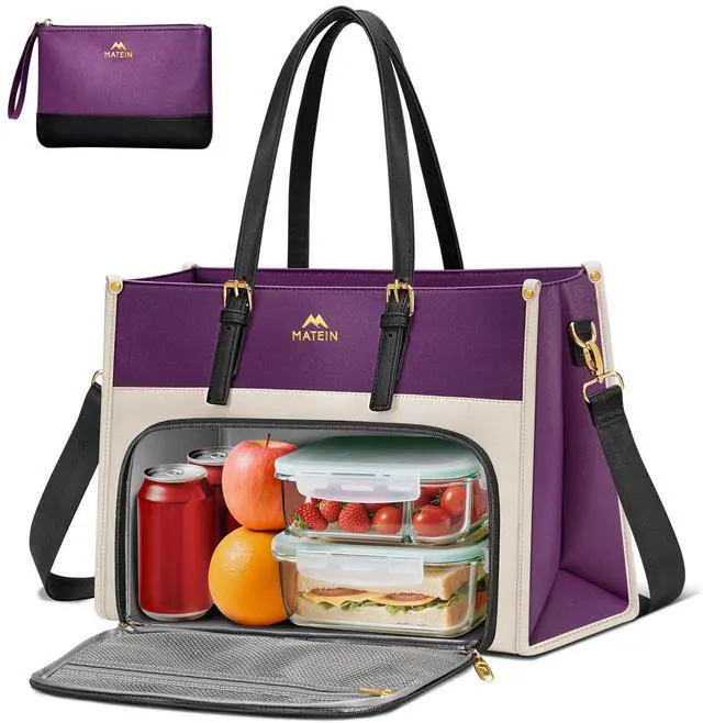 Main image of MATEIN Lunch Tote Bag for Women, 15.6 Inch PU Leather Laptop Briefcase with Insulated Lunch Compartment, Large Capacity Professional Computer Work Handbag with Purse for Office Nurse Teacher, 2 Sets