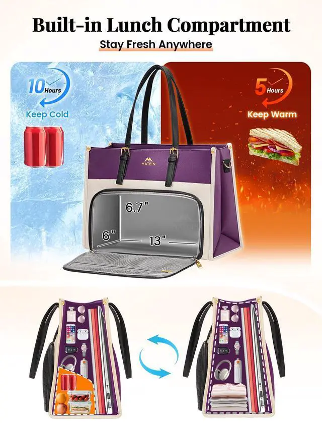 Alt view image 3 of 5 - MATEIN Lunch Tote Bag for Women, 15.6 Inch PU Leather Laptop Briefcase with Insulated Lunch Compartment, Large Capacity Professional Computer Work Handbag with Purse for Office Nurse Teacher, 2 Sets
