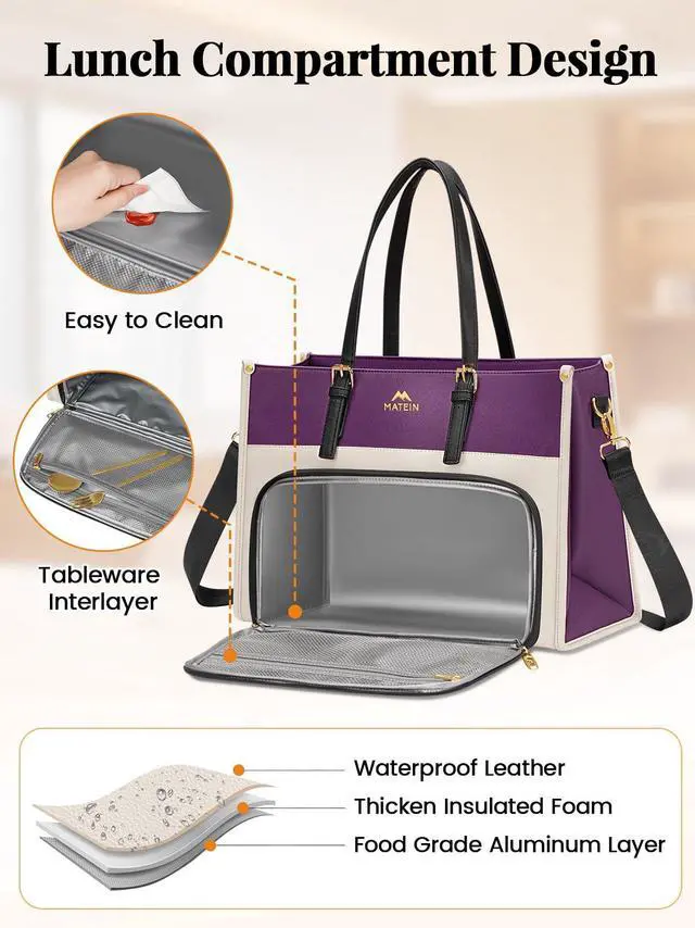 Alt view image 4 of 5 - MATEIN Lunch Tote Bag for Women, 15.6 Inch PU Leather Laptop Briefcase with Insulated Lunch Compartment, Large Capacity Professional Computer Work Handbag with Purse for Office Nurse Teacher, 2 Sets