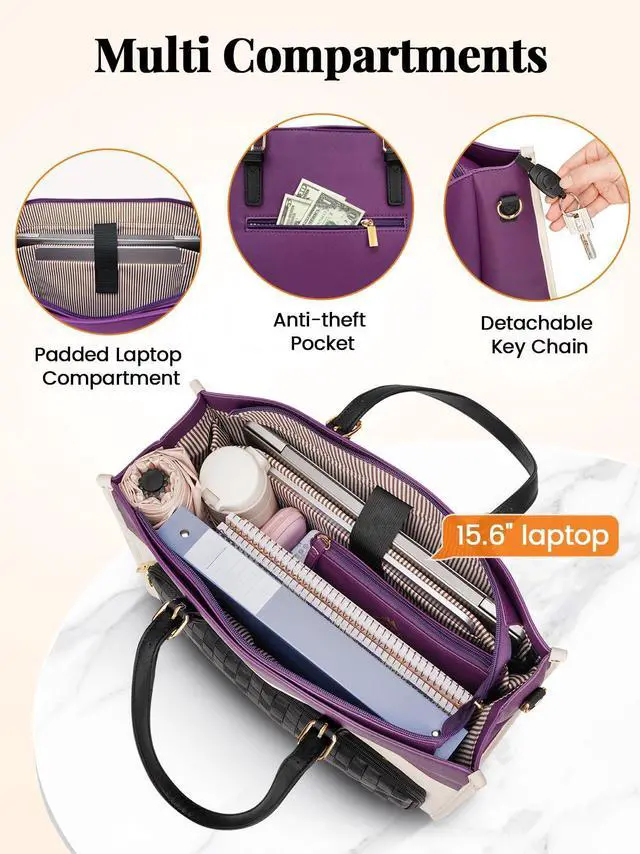 Alt view image 5 of 5 - MATEIN Lunch Tote Bag for Women, 15.6 Inch PU Leather Laptop Briefcase with Insulated Lunch Compartment, Large Capacity Professional Computer Work Handbag with Purse for Office Nurse Teacher, 2 Sets