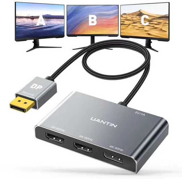 Main image of UANTIN DisplayPort to Dual HDMI with DP Splitter for 3 Monitors Extended Display Adapter 4K@60Hz 1 in 3 Out MST Hub for Multiple Monitor Display Port Compatible with NVIDIA/AMD Graphic Card