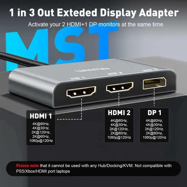 Alt view image 2 of 5 - UANTIN DisplayPort to Dual HDMI with DP Splitter for 3 Monitors Extended Display Adapter 4K@60Hz 1 in 3 Out MST Hub for Multiple Monitor Display Port Compatible with NVIDIA/AMD Graphic Card