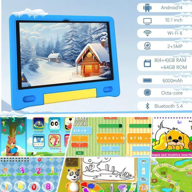 Alt view image 2 of 5 - VCFNXLS Kids Tablet 10", Android 14, 8GB+64GB (1TB Expandable), Octa-Core, 1280×800 HD Display, Dual Cameras, 12-Hour Battery, Parental Controls, Childs Tablet with Shockproof EVA Case