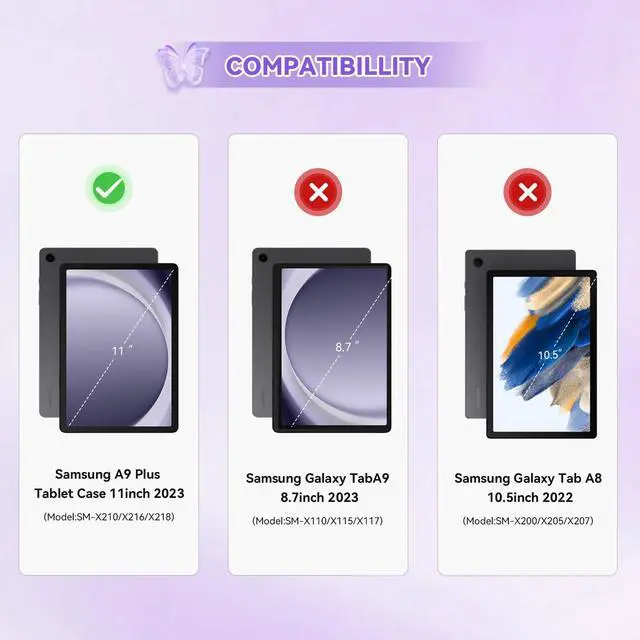 Alt view image 2 of 5 - for Samsung Galaxy Tab A9 Plus Case 11 Inch 2023 with Screen Protector, Butterfly Kickstand, Shoulder Strap Cute for Kids Rugged Cover for Galaxy Tab A9+ (SM-X210/X216/X218) Purple