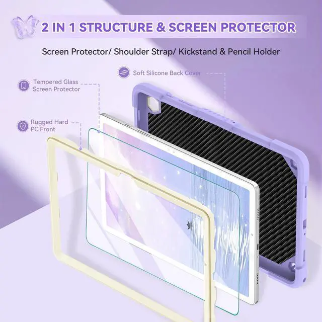 Alt view image 3 of 5 - for Samsung Galaxy Tab A9 Plus Case 11 Inch 2023 with Screen Protector, Butterfly Kickstand, Shoulder Strap Cute for Kids Rugged Cover for Galaxy Tab A9+ (SM-X210/X216/X218) Purple