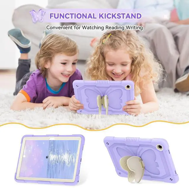 Alt view image 4 of 5 - for Samsung Galaxy Tab A9 Plus Case 11 Inch 2023 with Screen Protector, Butterfly Kickstand, Shoulder Strap Cute for Kids Rugged Cover for Galaxy Tab A9+ (SM-X210/X216/X218) Purple
