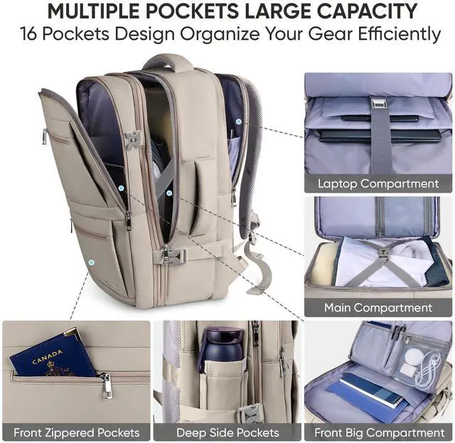 Alt view image 5 of 5 - BALEINE Travel Backpack for Women Men, Large Sturdy Carry On Laptop Backpack Gifts for Business, Casual, Weekender, Hiking (XL, Khaki)