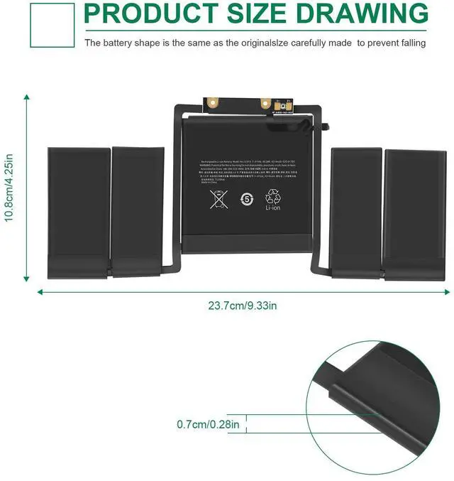 Alt view image 2 of 5 - ASUNCELL A1706 A1819 Laptop Battery Replacement for MacBook Pro 13 inch Touch Bar Late 2016 Mid 2017 EMC 3071 3163 MLH12LL/A MPXV2LL/A MLVP2LL/A MNQF2LL/A MNQG2LL/A 11.41V 4314mAh/49.2Wh
