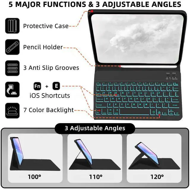 Alt view image 3 of 5 - Bxomteng Keyboard Case for iPad 9.7 (6th Gen 2018 / 5th Gen 2017) / Pro 9.7 inch (2016) - 7 Colors Backlit Keyboard Cover and Mouse (Black)